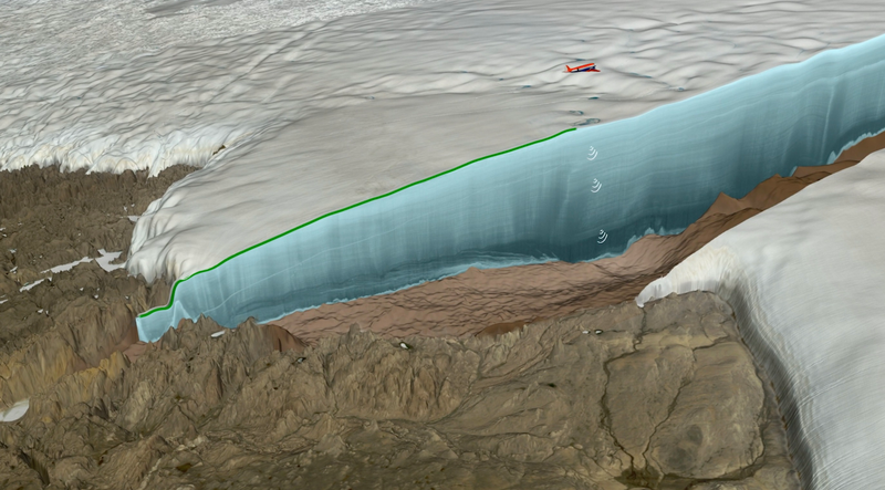 An illustration of an airplane using radar to map the topography below the ice sheet.